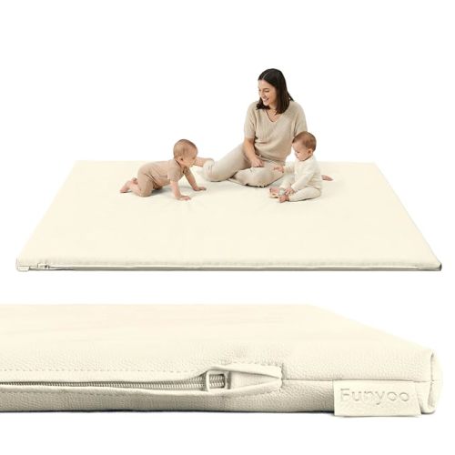 Vegan Leather Baby Play Mat, 71x59 Thick Cushioned Waterproof Playpen Mat, Stylish Removable Cover Floor Mat for Babies & Toddlers, Soft Padded Play Mat for Safe Crawling, 1.2" Thick, Cream