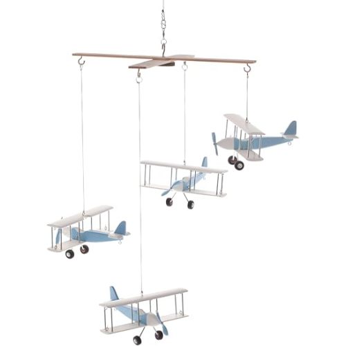 Hanging Mobile with Wooden Airplanes.Cute Hanging Decor for a Baby Boy's Nursery. Travel Theme Children's Hanging Decor. Sky Blue/Baby Blue Color.