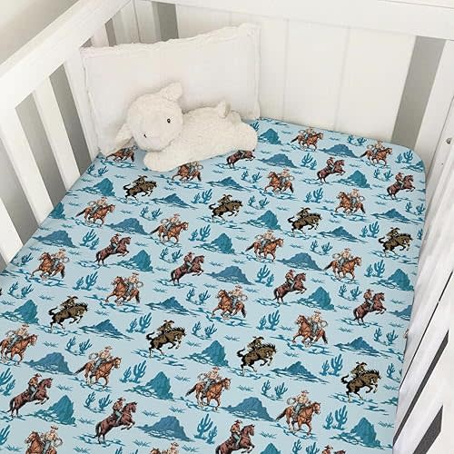 Vintage Cowboy Country Baby Crib Sheets for Boy Girl Western Cowboy Horse Cactus Mountain Soft Snug Fitted Crib Mattress Covers for 52''x28'' Standard Crib & Toddler Mattress Wild West Baby Sheets