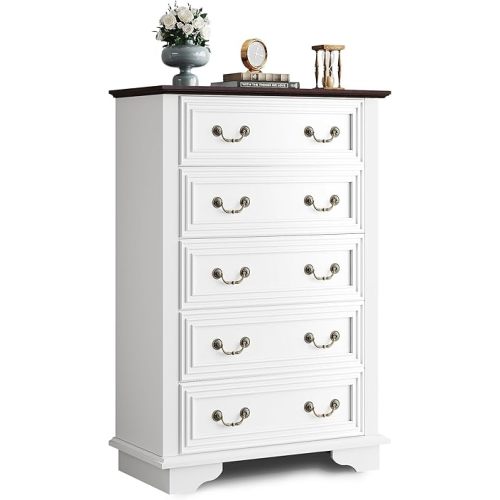 WLIVE Farmhouse Dresser for Bedroom, Wood Dresser with 5 Drawer, Chest of Drawers with Roman Metal Handle for Living Room, White