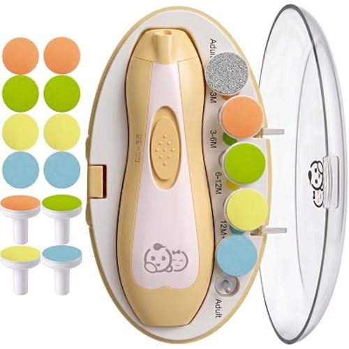 Royal Angels Upgraded 21 in 1 Baby Nail Trimmer with Labeled Case, 12 Extra Replacement Pads, Safe Electric Baby Nail File Kit for Newborn & Toddler, Whisper Quiet Nail Clipper with LED Light (Yellow)