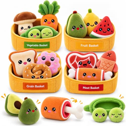 SAIMAND Baby Toys 6-12 Months,16PCS Montessori Food Sorting Sensory Toy Set | Food Sorting Sensory Toy for Babies, Soft Plush Play Food with Crinkle & Rattle, Gift for 1-Year-Old Boys & Girls