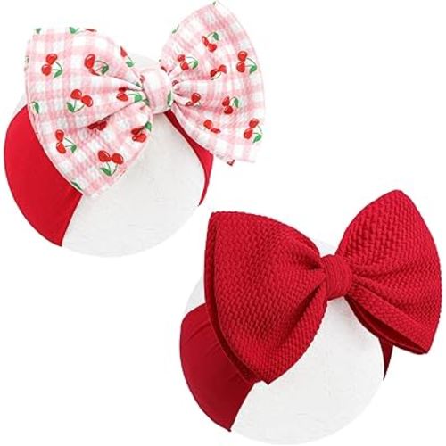 2 Pcs Baby Girl Headbands 6’’ Red Bows Cherry Hair Accessories Summer Outfits for Newborn Infant Toddler Girls Clothes
