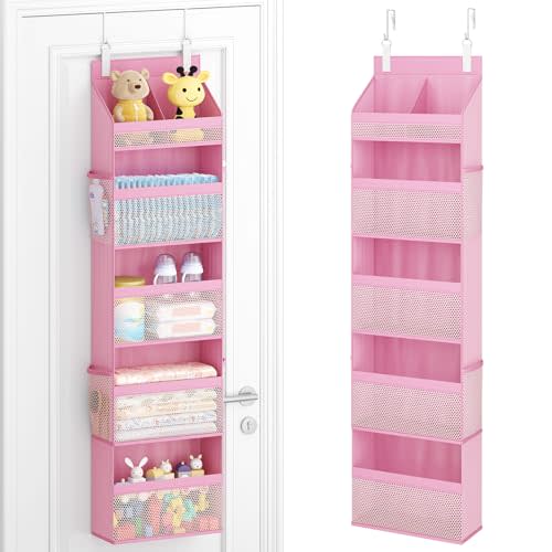 Lifewit 5 Tier Over the Door Organizer, Diaper Hanging Storage, Pink | Nursery Sturdy Large Heavy Duty Back of Door Shelf with 4 Mesh Side Pockets, for Baby Stuff Toy in Pantry, Laundry, Bathroom
