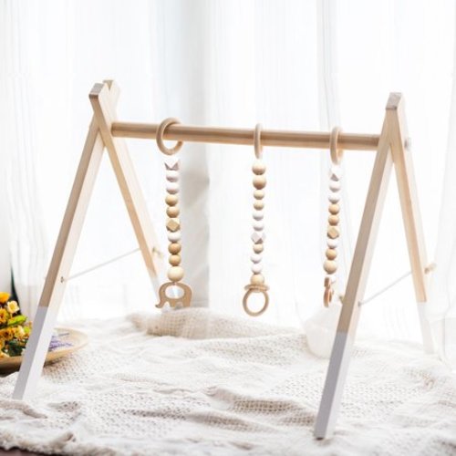 Baby Infant Wooden Play Stand Station Toddler Gym Nursery Fun Hanging Toys Mobile Newborn Activity Wood Rack with 3 Gym Toys Home
