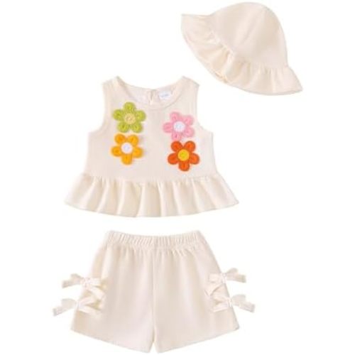 SODLON Baby Girl Clothes Infant Toddler Summer Outfits Clothing Sleeveless Ruffle Tank Top Shorts Sets with Hat for Girls