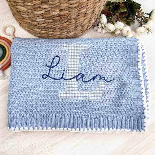 Baby boy blanket, embroidered baby blanket with name, cotton knit custom baby blanket, gift for baby boys