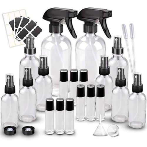 Glass Spray Bottle Kit×10 (2×16 oz, 2×4 oz, 6×2 oz), 9×10 ml Roller Bottles, Anti UV, Multi Size and Versatile, Suitable for Aromatherapy, Facial Moisturizing, Watering, etc.(Clear)