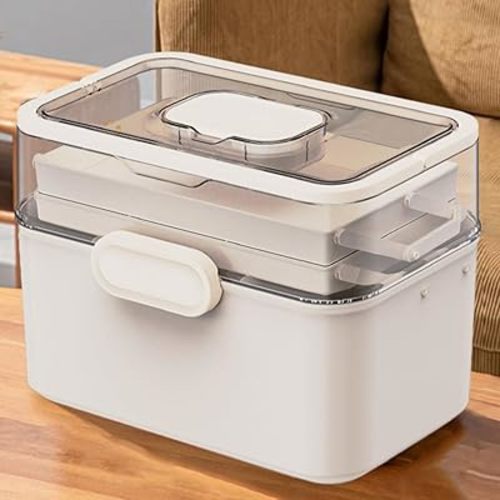 Portable 3-Layer Medicine Storage Box with Detachable Travel Pill Case, Expandable Medical Organizer for Home&Travel (White, 11.2 * 8.3 * 6.7'')