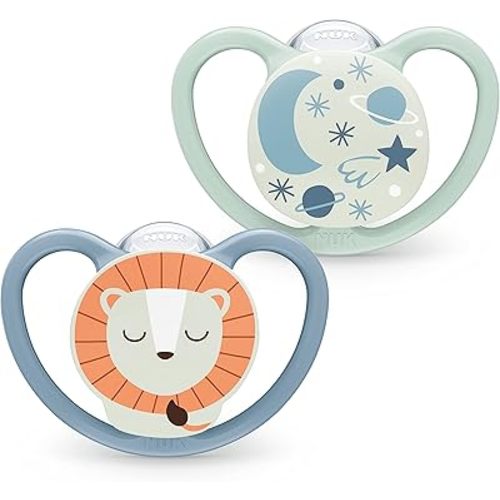 NUK Space Night Baby Dummy | 6-18 Months | Glow-in-The-Dark Pacifiers with Extra Ventilation for Sensitive Skin | BPA-Free Silicone | Lion & Moon | 2 Count