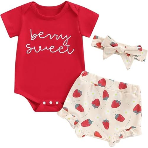Newborn Baby Girl Shorts Set Little Cutie Outfits Strawberry/Orange Short Sleeve Romper Frill Trim Shorts Headband