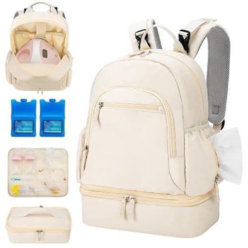 GDNasist Breast Pump Backpack Fit for Spectra S1 and S2 with Removable Cooler Compartment, Pumping Bag for Pump Accessories, Breast Pump Bag for Work, Travel and Family Use Beige