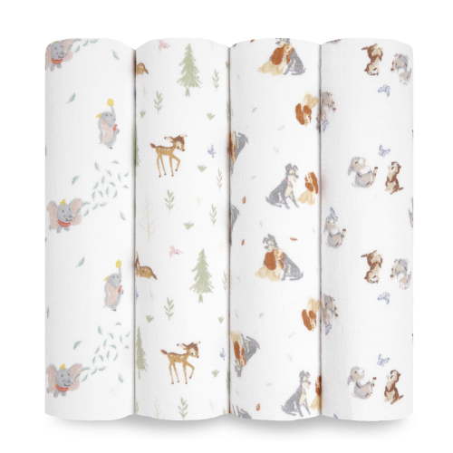 aden + anais x Disney Baby, Cotton Muslin Swaddle Blanket, Disney + Friends, Unisex, Infants, 4-Pk