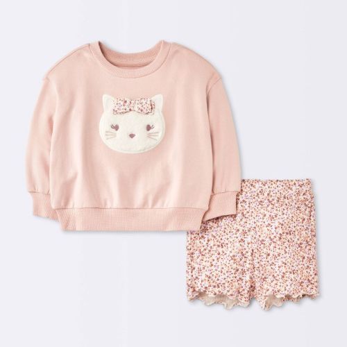 Baby Girls' 2pc Cat Applique Sweatshirt & Bike Shorts Set - Cloud Island™ Pink