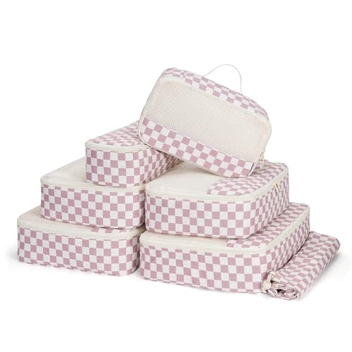 Narwey 7 Set Checkered Packing Cubes for Travel Carry on Suitcase Luggage Organizer Bags for Kids Women Men, Durable Packing Organizers Bag, Travel Essentials Accessories (Dusty Pink Checkerboard)