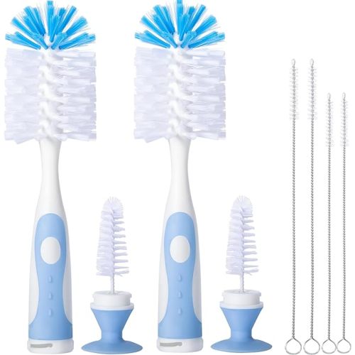 2 Pack Baby Bottle Brush with 4 Pack Straw Brushes, 10.2" Nylon Brushe with Nipple Cleaner and Stand Suction Cup, Blue
