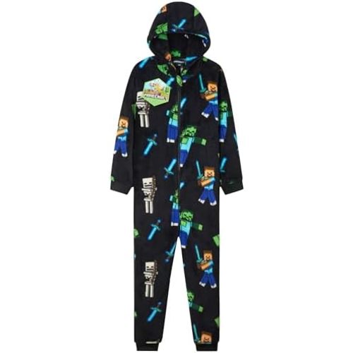 Minecraft Boys Fleece Hooded One-Piece Pajamas, Warm Fleece Hooded Loungewear Suit for Boys - Gifts for Gamers