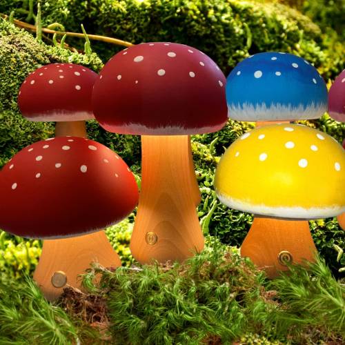 Toadstool Mushroom Lamps , Wooden, LED Hand-painted, Blue, Red, Yellow