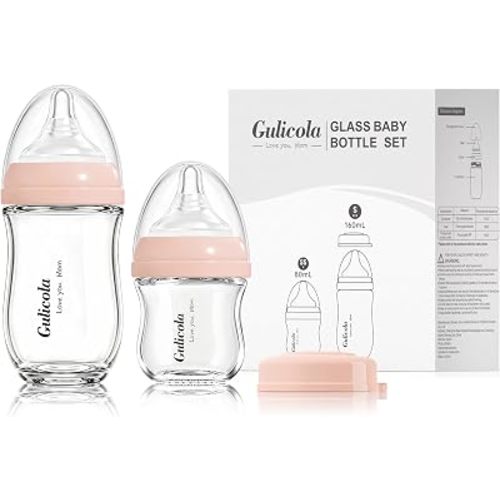 Gulicola Natural Glass Baby Bottle Newborn Set, 3 oz and 5 oz with Extra Slow Flow & Slow Flow Nipple, Anti Colic, 0-3 Months, 2 Pack - Pink