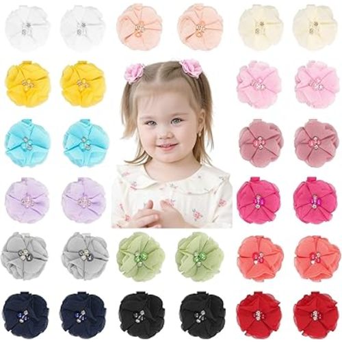 DeD 30PCS 2" Chiffon Flower Hair Bows Clips with Rhinestone Pearl Flower Tiny Hair Clips Fine Hair for Girls Infants Toddlers Set of 15 Pairs
