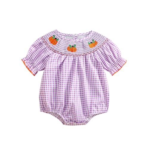 Ayalinggo Newborn Baby Girl Smocked Pumpkin Outfit Infant Plaid Bubble Romper Embroidery Halloween Thanksgiving Fall Clothes
