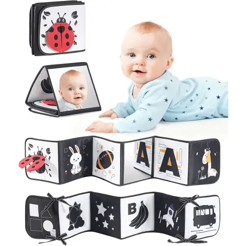 High Contrast Black and White Baby Toys for Newborn 0-6 Months – Contrast Cards & Sensory Baby Book with Mirror – Tummy Time Infant Toys for Visual Stimulation, Early Learning & Brain Development