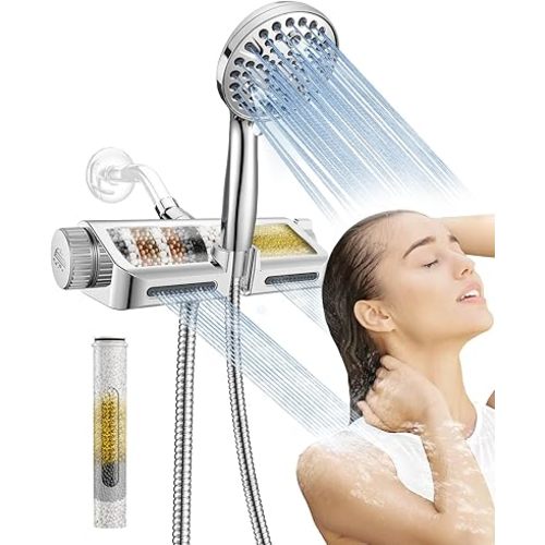 MakeFit Filtered Shower Head with Handheld Combo - Dual 2-in-1 Spa System with Massage Shower and 10 Modes Hand Held Shower High Pressure with Built in Power Wash Mode (Chrome)