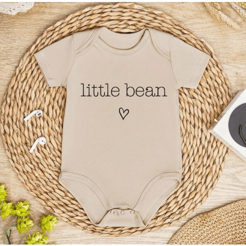 Baby Cotton One-Piece Dress - "Little Bean" Heart-Shaped Print, Short Sleeves, Round Neck
