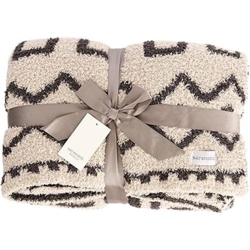 Saranoni Mudcloth Throw Blanket Soft Plush Double Layer Cream Black 50"x60"