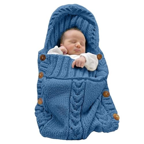 Newborn Baby Wrap Swaddle Blanket Knit Sleeping Bag Receiving Blankets Stroller Wrap for Baby Blue 0-6 Month