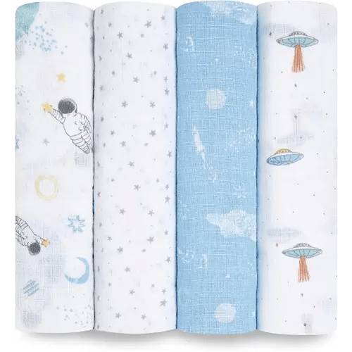 aden + anais Essentials Swaddle Blanket, Boutique Muslin Blankets for Girls & Boys, Baby Receiving Swaddles, Ideal Newborn & Infant Swaddling Set, Perfect Shower Gifts, 4 Pack, Space Explorers