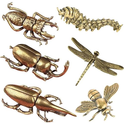 SnowOwl Gold Bee Beetle Caterpillar Dragonfly Statues Sculpture Solid Metal Ornament Mini Animal Figurine for Home Office Garden Desktop Decor 6PCS (Bronze6-07)