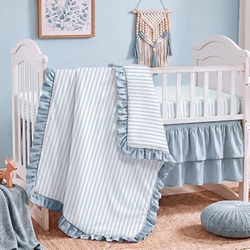 3 Piece Blue Stripe Crib Bedding Set with Sheet and Skirt
