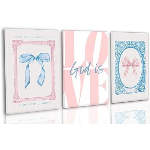3Pcs Pink and Blue Christian Wall Art Coquette Bow Bible Verse Prints