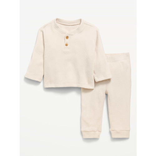 Long-Sleeve Waffle-Knit Henley Top and Pants Set for Baby