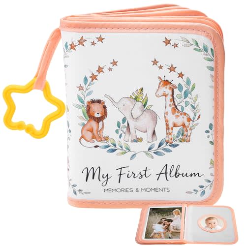 My First Photo Album for Baby, Baby Photo Albums with Star Hook & Baby Mirror | Holds 17 Pictures, Safari Animals Baby Photo Book for Newborn Toddler & Kids, Baby Shower Gifts