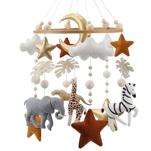 Flora & Ivy Safari Mobile for Crib, Gold Stars and Clouds, Brown