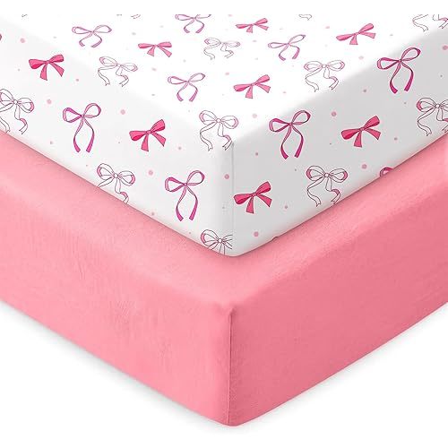 Baby Crib Sheets for Girls Boys,2 Pack Fitted Crib Sheets for Standard Mattress Soft & Breathable Nursery Bedding for Girls Cute Prints Toddler Bed Sheets Decor 52x28 inch Pink Bow