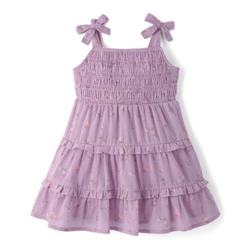 Baby And Toddler Girls Floral Textured Tie Shoulder Dress - Purple