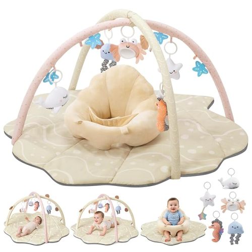 Baby Play Mat & Seat, Tummy Time Mat with 6 Detachable Activity Toys, Baby Gym Playmat & Chair for Babies 0-6-12 Months, Baby Essentials Mat for Floor Newborn Baby Gift(Apricot)