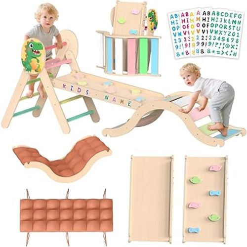 Acenova Pikler Triangle Climbing Set with Cushion and DIY Name Stickers, Montessori Wooden Climbing Gym for Toddlers, Indoor Jungle Gym, Dinosaur Pikler Triangle Arch Ramp Climber Toy