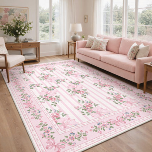 Red Barrel Studio® Bloomere Floral Machine Washable Blush Bow Indoor Area Rug With Non-Slip Backing & Reviews | Wayfair