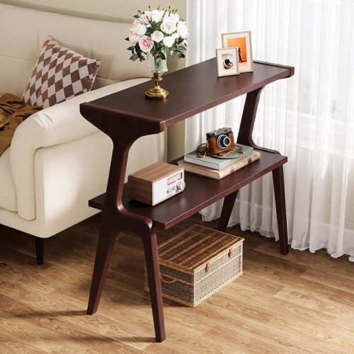 Tribesigns Solid Wood End Table, 2-Tier Farmhouse Side Table with Storage Shelves, Slim Side Table for Couch with Unique Legs, Long Bedside Table for Bedroom, Living Room, Burgundy