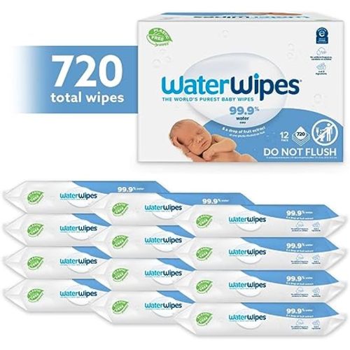 WaterWipes Plastic-Free Original Baby Wipes, 99.9% Water Based Wipes, Unscented & Hypoallergenic for Sensitive Skin, 60 Count (Pack of 12), Packaging May Vary