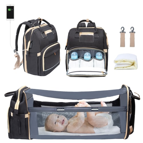 WiseWater Changing Station and Pad Included Large Capacity Adjustable Shoulder Straps Waterproof Easy to Clean Backpack Diaper Bag, Black