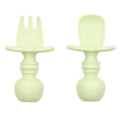 Bumkins Baby Utensils Set, Chewtensils Silicone Spoons for Dipping, Self-Feeding, Baby Led Weaning, Trainer Learning, First Stage Eating, Soft Practice Fork and Spoon, Babies 6 Months, Sage Green