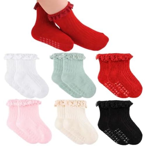 Baby Girl Anti Slip Grip Socks Cute Frilly Ruffle Ankle Socks Soft Breathable Cotton Non Skid Newborn Infants