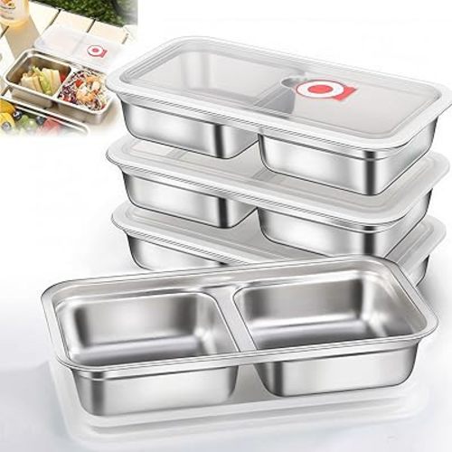 4 Pack Reusable Stainless Steel Snack Containers with Lids, Double Compartment Grab and Go Snack Food Storage Durable Portable for Adults Travel and Outdoor Camping Lunch Snack Boxes