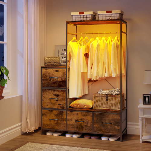 LLappuil Clothes Rack with 5 Drawers, Freestanding Garment Rack with LED Light, Closet Organizer System