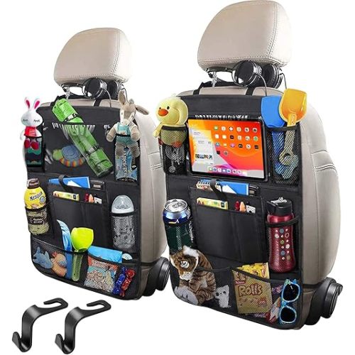 Car Storage Organizer 2 PCS,Car Backseat Organizer for Kids Durable Waterproof Oxford Fabric with Touchable Tablet Holder 8 Mesh Pockets and 2 Pockets for Snacks Toys,Car Travel Accessories